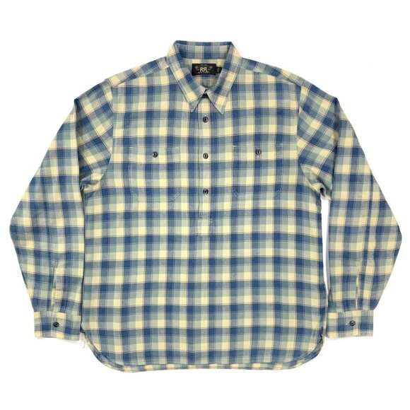 RRL Double RL Ralph Lauren Mens Popover Shirt Sz Large Blue Plaid Long Sleeve - Picture 2 of 12